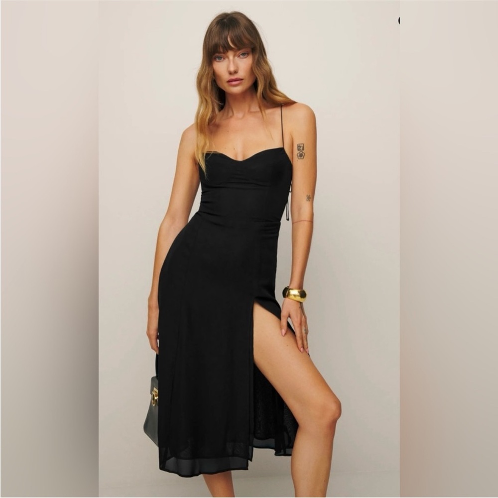Reformation Black Midi Slip Dress with Side Slit